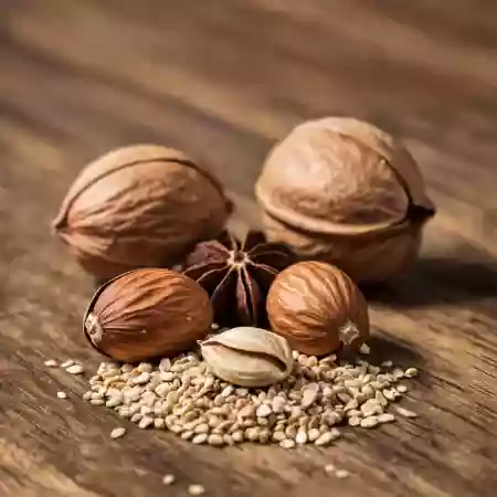 Whole nutmeg kernels for fresh grating, warm sweet aroma profile